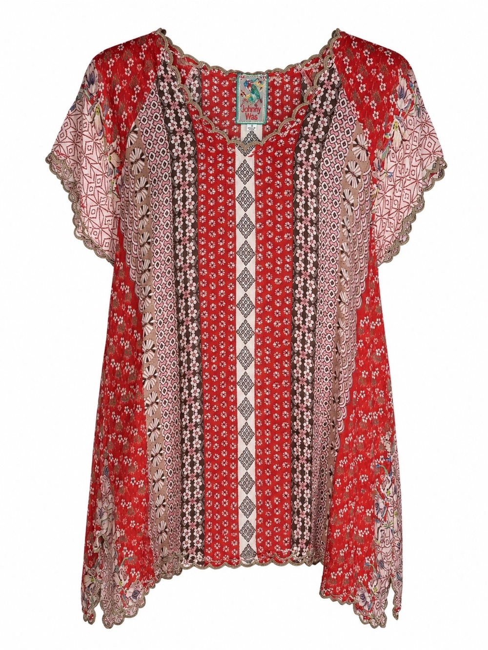 Johnny Was Patchwork Print Scalloped Boho Tunic Blouse Red Small